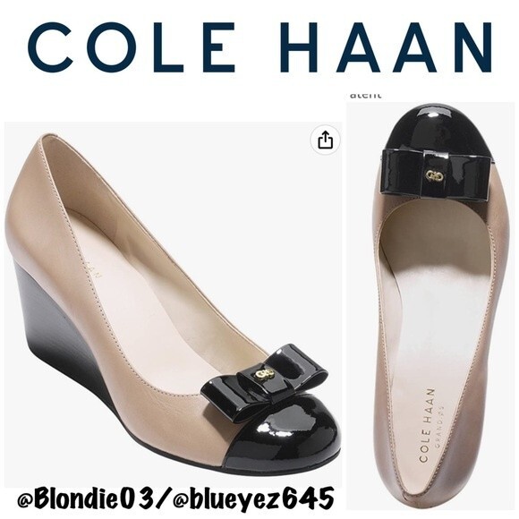 Cole Haan Elsie Bow Wedge 65mm Maple Sugar Leather-black Patent 10 - Picture 1 of 6